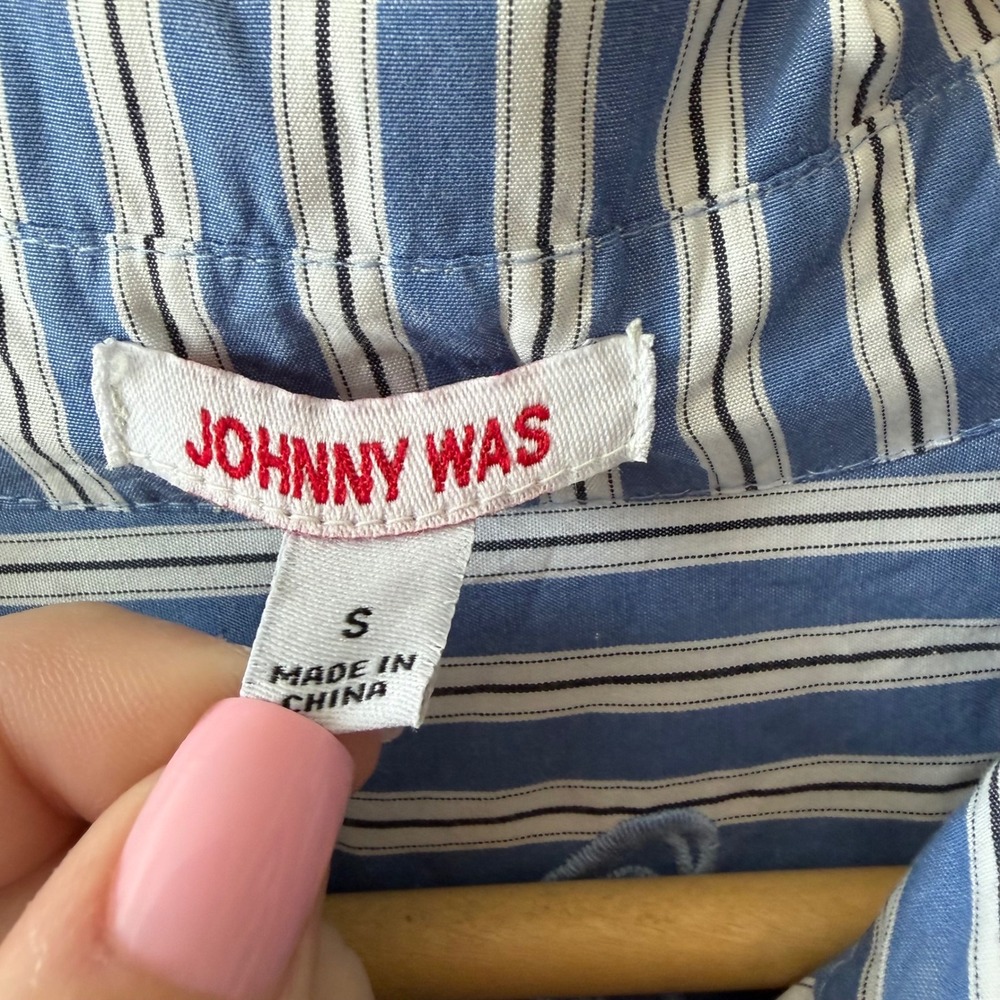Johnny Was Blue White Striped Cotton Midi Shirt Dress Long Sleeve Small R36422-D - Picture 4 of 6
